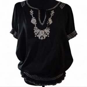 Tommy Hilfiger Black/White Floral Embroidered Smocked Hem Peasant Blouse- Size L